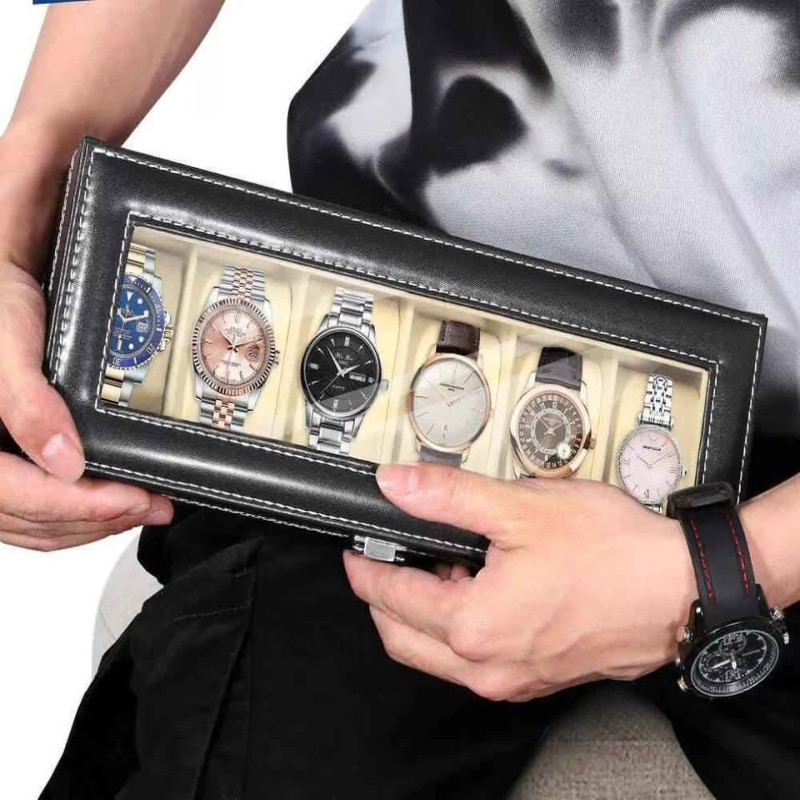 Luxury 6-Slot Watch Box Organizer with Glass Lid