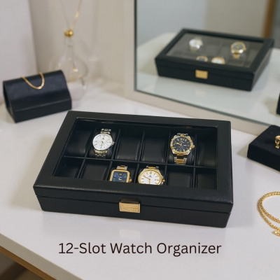 Premium Black PU Leather Watch Box – 12 Slot Luxury Organizer (Leather Finish) with Glass Top & Lock