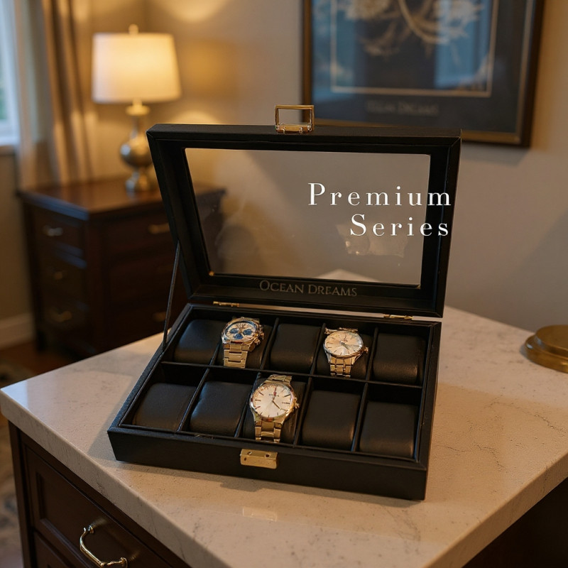 Premium Black PU Leather Watch Box – 10 Slot Luxury Organizer (Leather Finish) with Glass Top & Lock