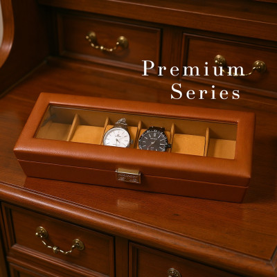 Premium Tan PU Leather Watch Box – 6 Slot Luxury Organizer (Leather Finish) with Glass Top & Lock