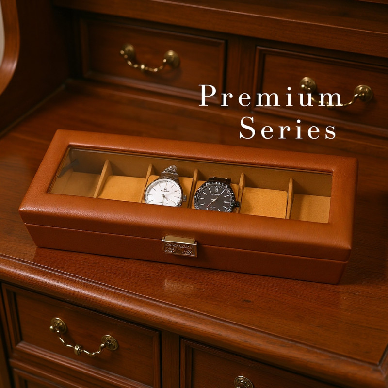 Premium Tan PU Leather Watch Box – 6 Slot Luxury Organizer (Leather Finish) with Glass Top & Lock