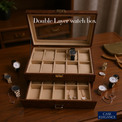 Premium Brown PU Leather Watch Box – 20 Slot Luxury Organizer (Leather Finish) with Glass Top & Lock