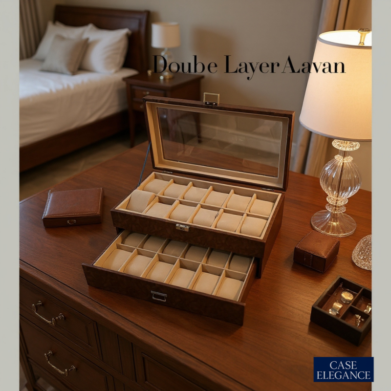 Premium Brown PU Leather Watch Box – 24 Slot Luxury Organizer (Leather Finish) with Glass Top & Lock
