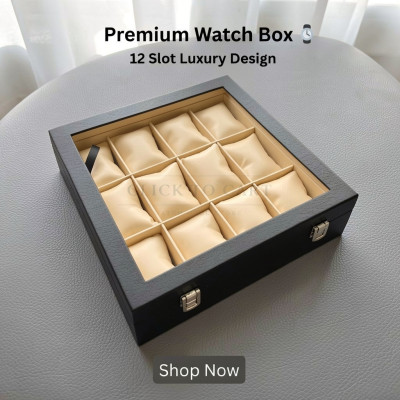 12 Slot Luxury Watch Box Organizer with Glass Top – Black Square Case