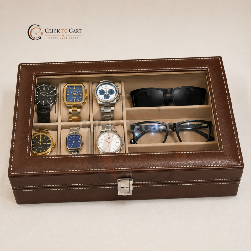 Luxury 6-Watch & 3-Sunglasses Organizer Box – PU Leather Storage Case – Brown Color